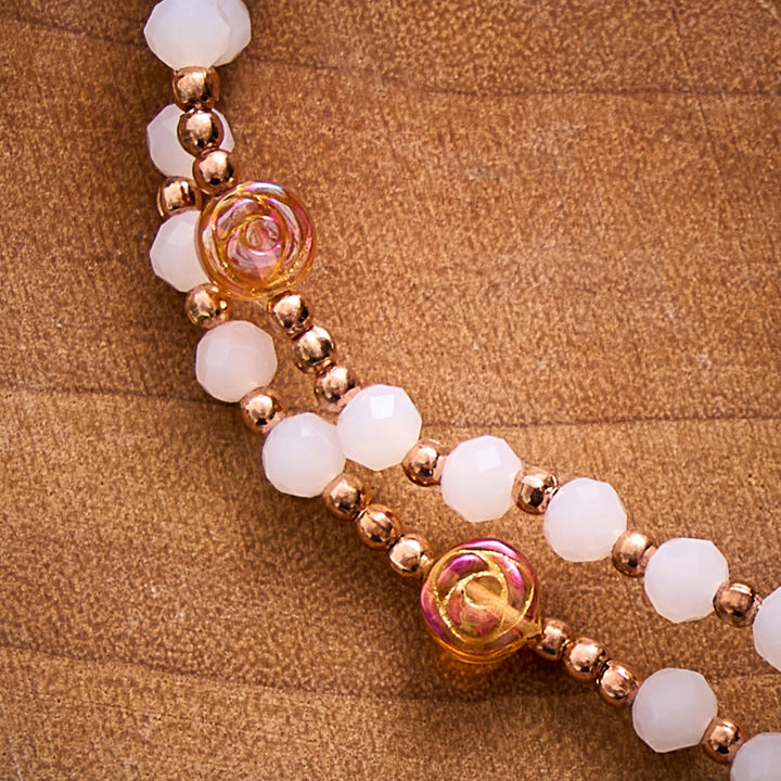 SolaceBeads White Crystal, Rose‑Red Rose Rosary Bracelet &amp; Miraculous Medal: Soft Autumn Devotion - image 1