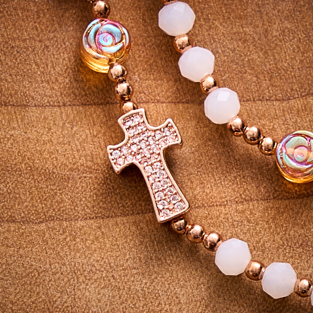 SolaceBeads White Crystal, Rose‑Red Rose Rosary Bracelet &amp; Miraculous Medal: Soft Autumn Devotion - image 3