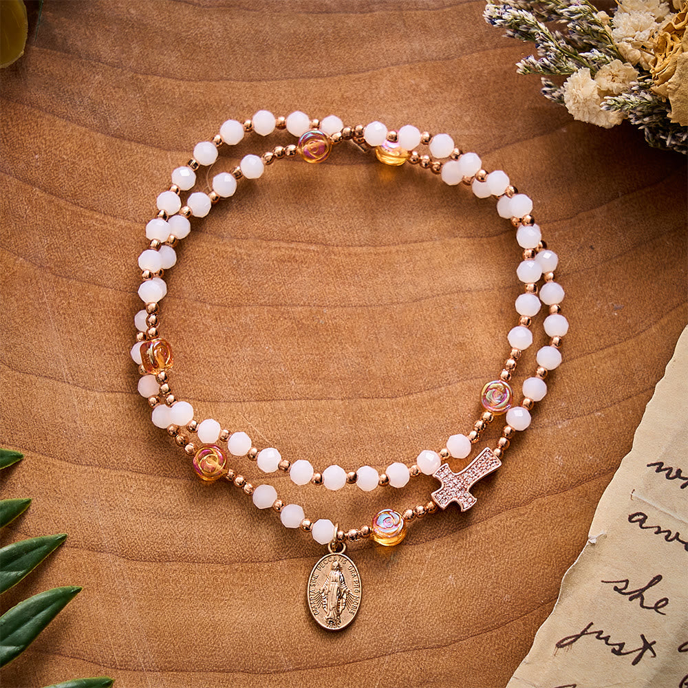 SolaceBeads White Crystal, Rose‑Red Rose Rosary Bracelet &amp; Miraculous Medal: Soft Autumn Devotion - image 5
