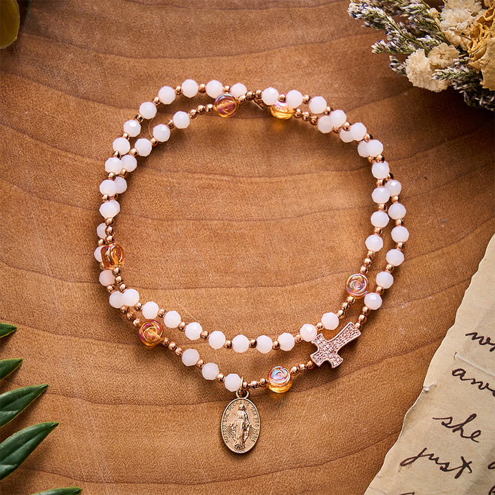 SolaceBeads White Crystal, Rose‑Red Rose Rosary Bracelet &amp; Miraculous Medal: Soft Autumn Devotion - image 5