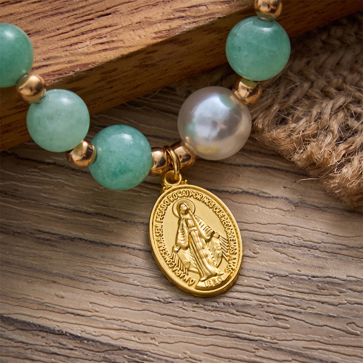 SolaceBeads Jade‑Like Quartz &amp; Pearl Bracelet: Miraculous Medal of Gentle Grace - image 2