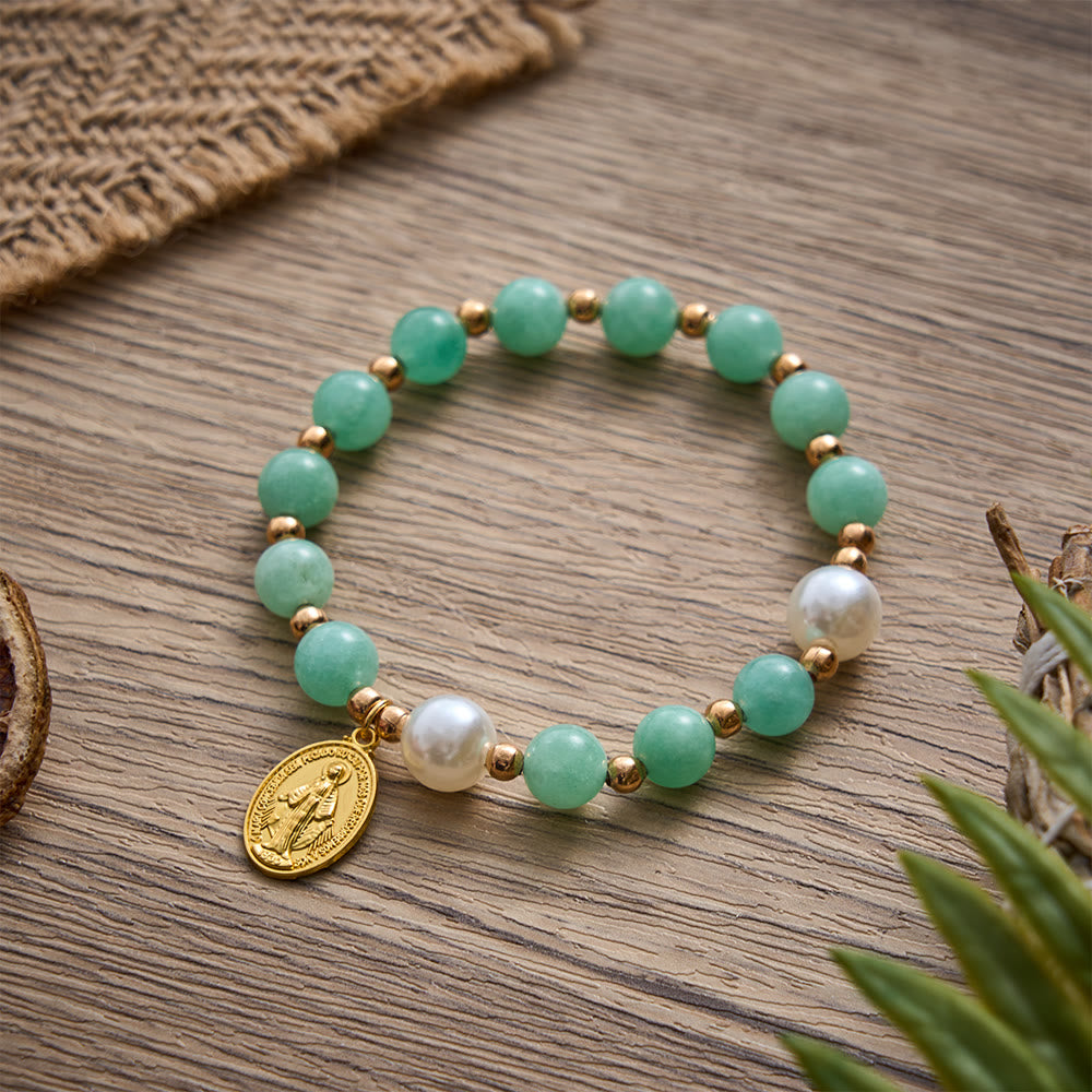 SolaceBeads Jade‑Like Quartz &amp; Pearl Bracelet: Miraculous Medal of Gentle Grace - image 1