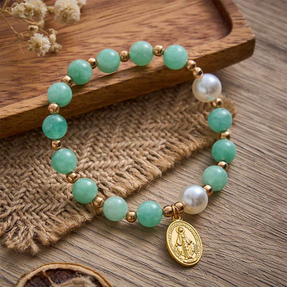 SolaceBeads Jade‑Like Quartz &amp; Pearl Bracelet: Miraculous Medal of Gentle Grace - Jasper green - image 0