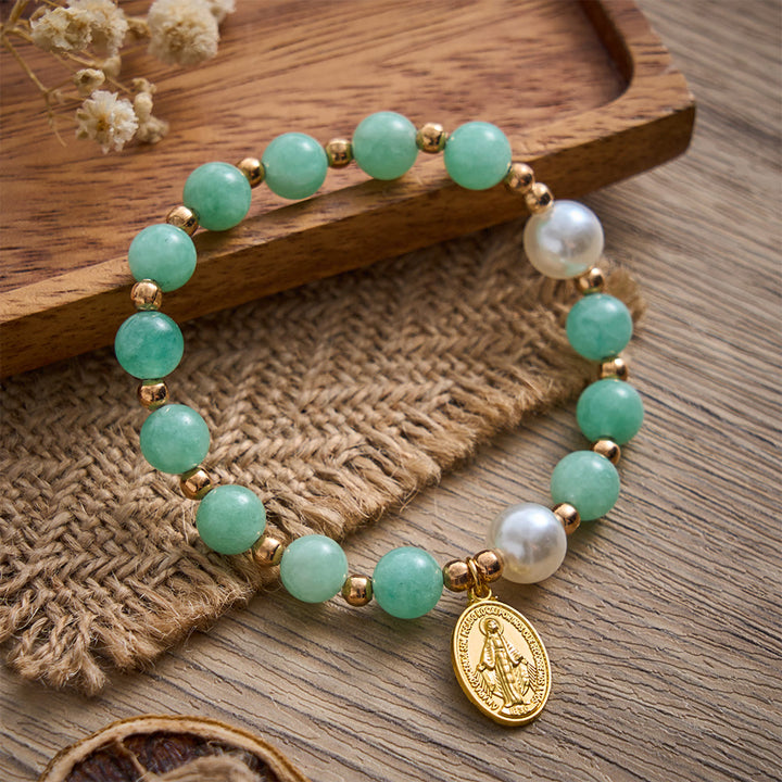 SolaceBeads Jade‑Like Quartz &amp; Pearl Bracelet: Miraculous Medal of Gentle Grace - Jasper green - image 0