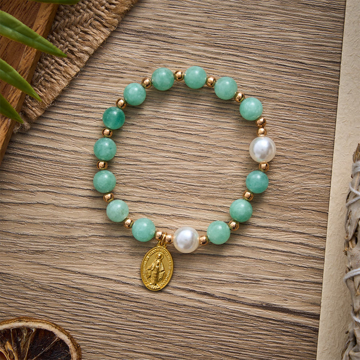 SolaceBeads Jade‑Like Quartz &amp; Pearl Bracelet: Miraculous Medal of Gentle Grace - image 3