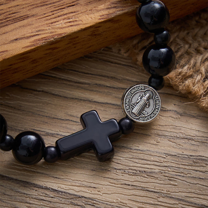 SolaceBeads Onyx‑Like Bead Bracelet: St.Benedict&