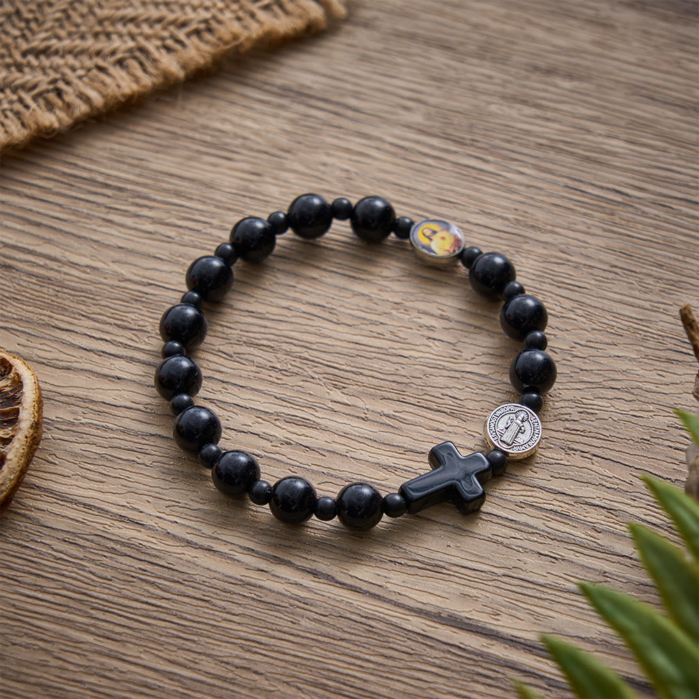 SolaceBeads Onyx‑Like Bead Bracelet: St.Benedict&