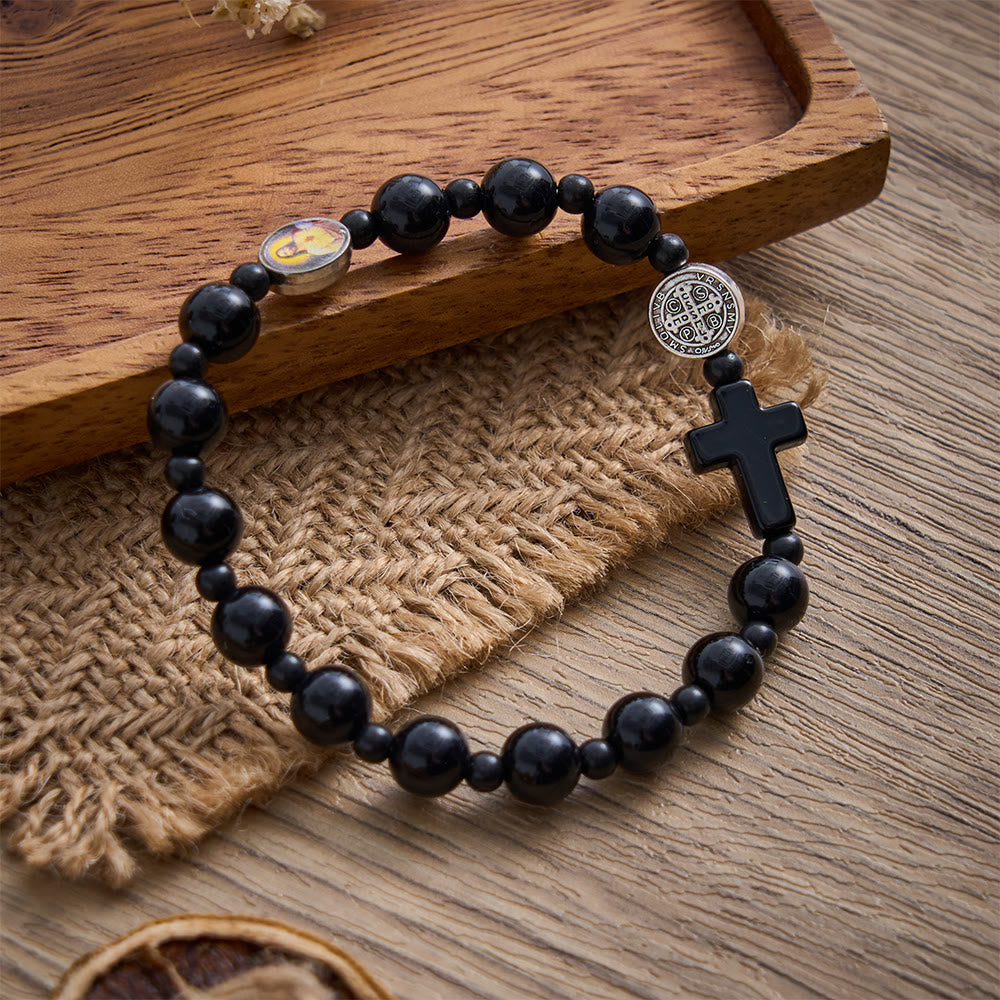 SolaceBeads Onyx‑Like Bead Bracelet: St.Benedict&