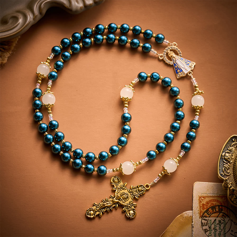 SolaceBeads Peacock‑Blue Pearl Artistic Rosary: Tender Peace for Devout Moments - Peacock blue - image 0