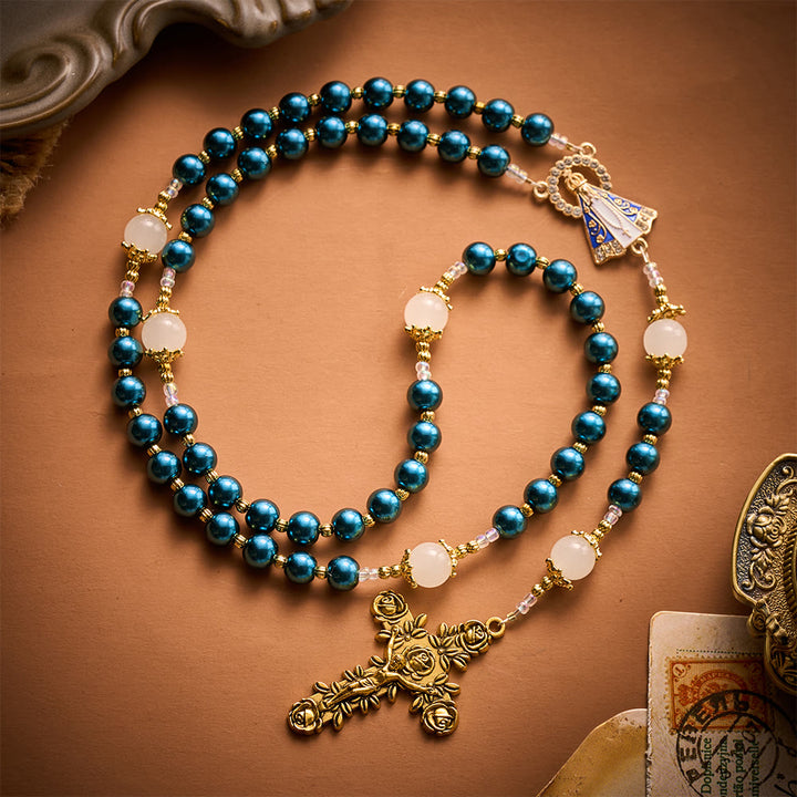 SolaceBeads Peacock‑Blue Pearl Artistic Rosary: Tender Peace for Devout Moments - Peacock blue - image 0