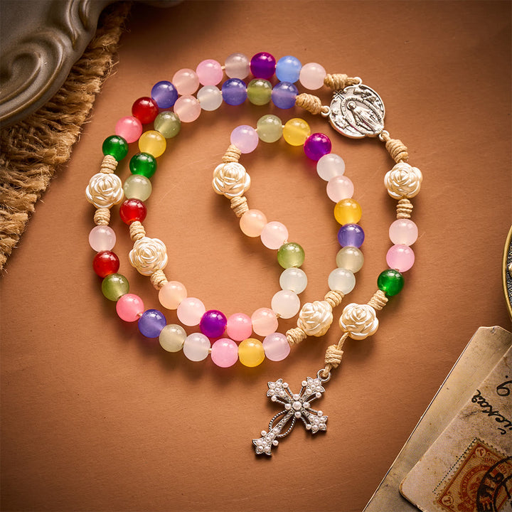SolaceBeads Multicolor Glass Jade Artistic Rosary: Gentle Bliss for Your Daily Prayer - Multicolor - image 0