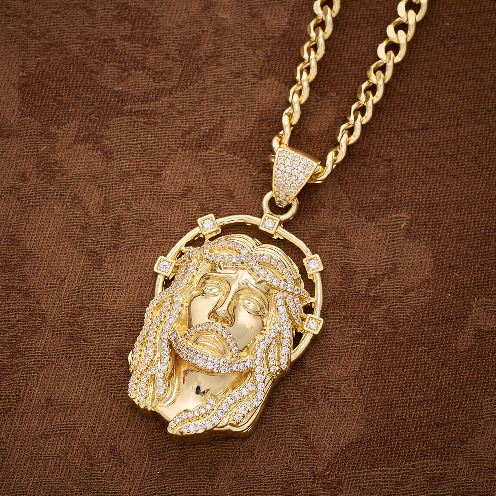 SolaceBeads CZ Jesus Face Pendant Necklace: Divine Light Within Your Heart - Gold Cuban link chain - image 6