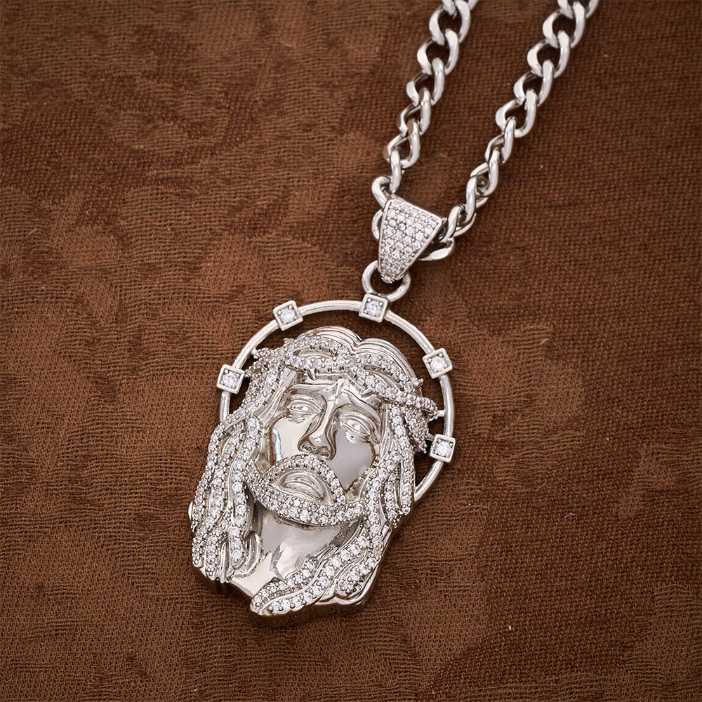 SolaceBeads CZ Jesus Face Pendant Necklace: Divine Light Within Your Heart - Silver Cuban link chain - image 10