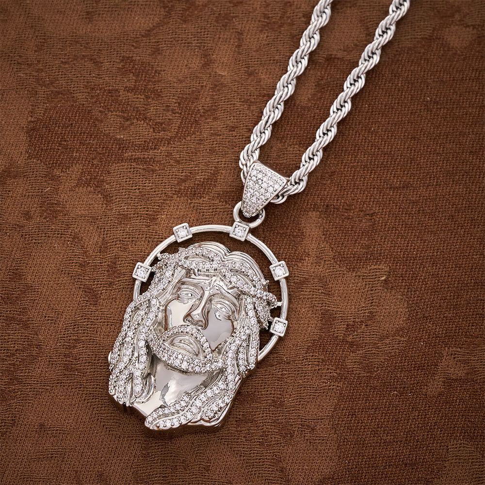 SolaceBeads CZ Jesus Face Pendant Necklace: Divine Light Within Your Heart - Silver rope chain - image 9