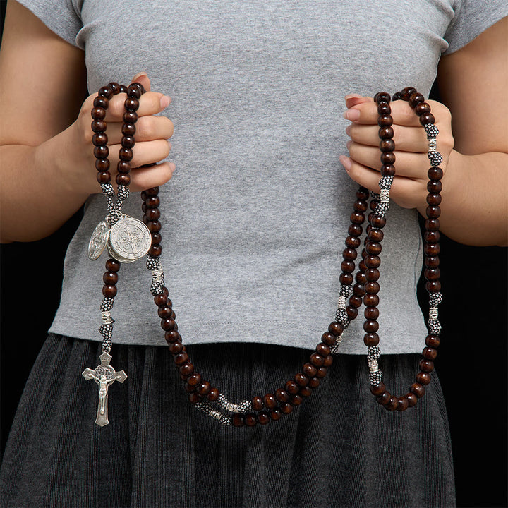 Solacebeads 15/20 decade Pine Wood Rosary With St. Benedict Set: Rooted In Sacred Heritage - image 2