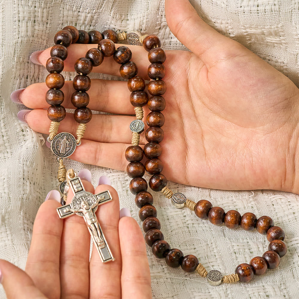 SolaceBeads Pine Wood Rosary With Benedict Medal Centerpiece &amp; Crucifix: Woven With Ancient Devotion - image 1