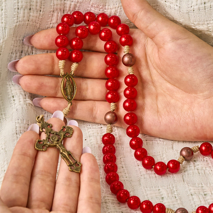 SolaceBeads Red Bead Artistic Rosary, Miraculous Medal &amp; Crucifix: Divine Prayer - image 1