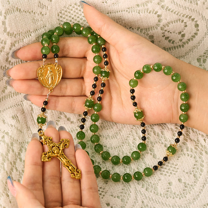 Solacebeads Forest‑Green Glass Rosary With Miraculous Medal &amp; Crucifix: Autumn Devotion of Grace - image 1