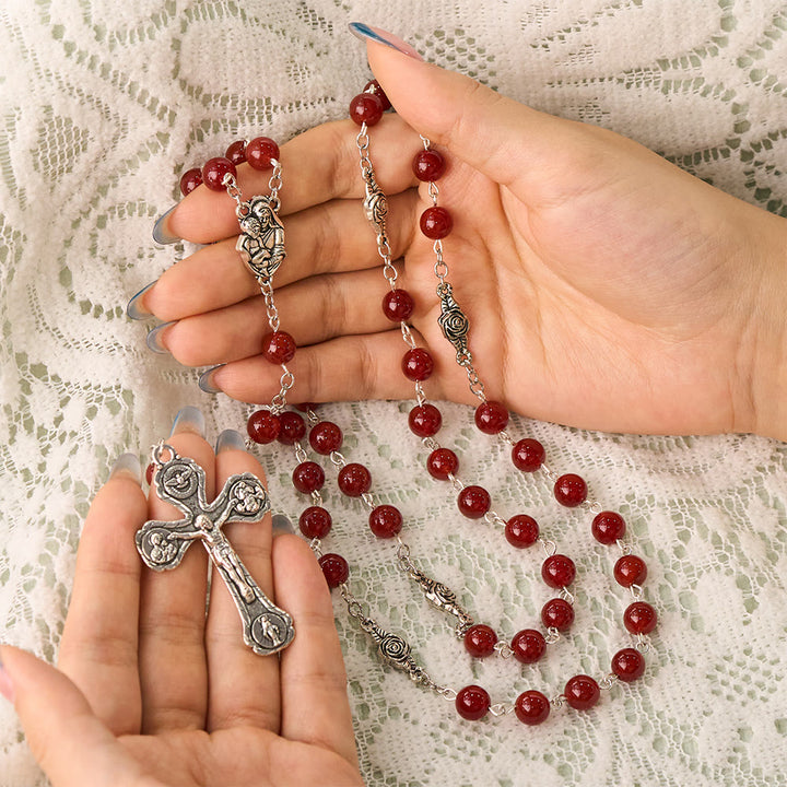 SolaceBeads Red Agate Handmade Rosary With Roses &amp; Four‑way Crucifix: Pray With Madonna &amp; Child - image 1