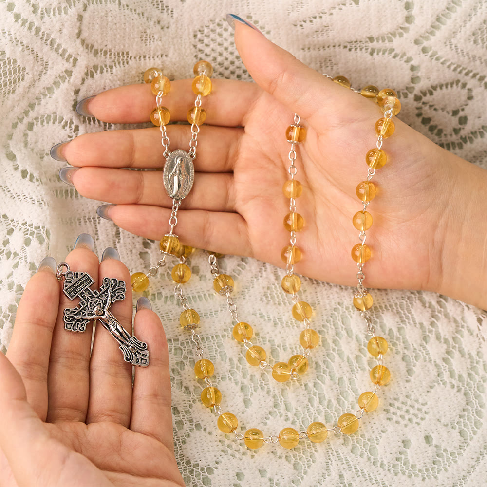 Solacebeads Golden‑Tone Glass Rosary With Miraculous Medal &amp; Crucifix: Grace  of Cozy Autumn - image 1