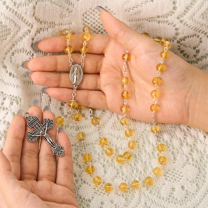 Solacebeads Golden‑Tone Glass Rosary With Miraculous Medal &amp; Crucifix: Grace  of Cozy Autumn - image 1