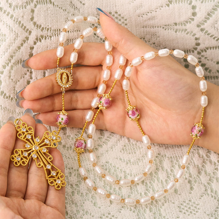 SolaceBeads Lustrous Oval Pearl &amp; Rose Lampwork Artistic Rosary &amp; Gold Cross: Devotional Elegance - image 1