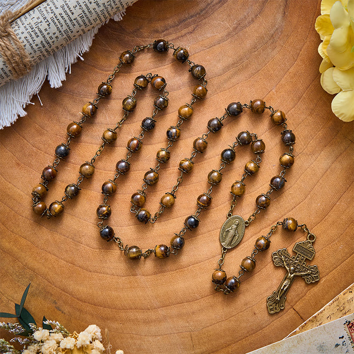 SolaceBeads Tiger Eye Stone Rosary With Miraculous Medal &amp; Crucifix: Warm Faith for Autumn - Tiger Eye - image 0