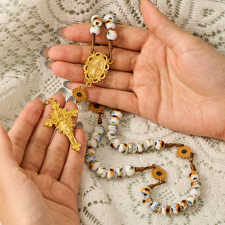 SolaceBeads Sunflower Ceramic Rosary With Miraculous Medal &amp; Crucifix: Fall Floral Grace For Autumn - image 1