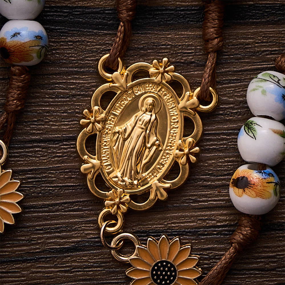 SolaceBeads Sunflower Ceramic Rosary With Miraculous Medal &amp; Crucifix: Fall Floral Grace For Autumn - image 3