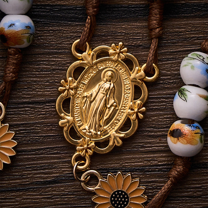 SolaceBeads Sunflower Ceramic Rosary With Miraculous Medal &amp; Crucifix: Fall Floral Grace For Autumn - image 3