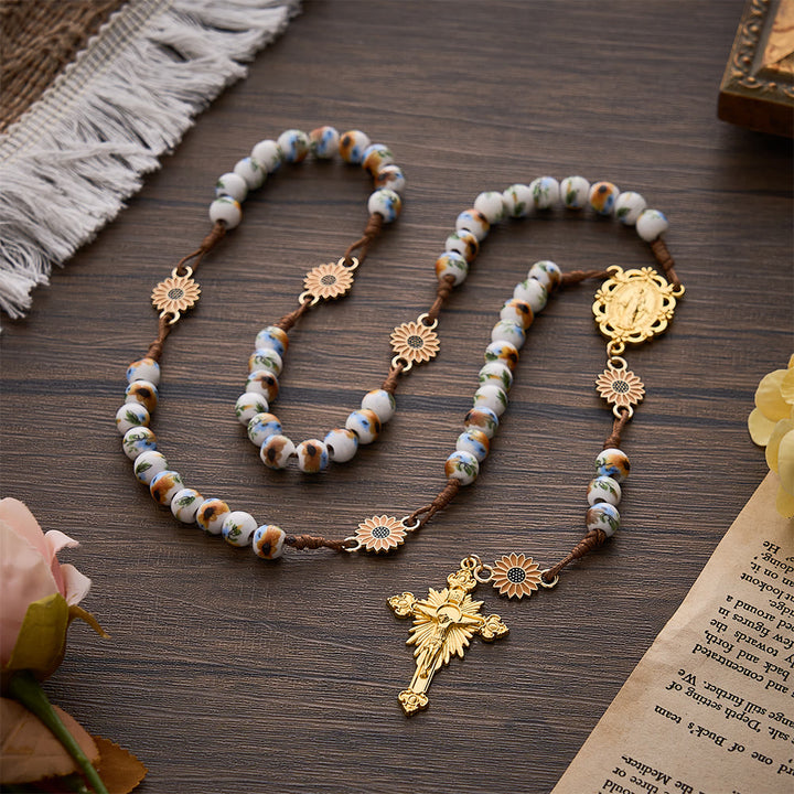 SolaceBeads Sunflower Ceramic Rosary With Miraculous Medal &amp; Crucifix: Fall Floral Grace For Autumn - image 7