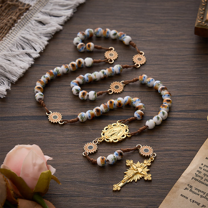SolaceBeads Sunflower Ceramic Rosary With Miraculous Medal &amp; Crucifix: Fall Floral Grace For Autumn - image 6