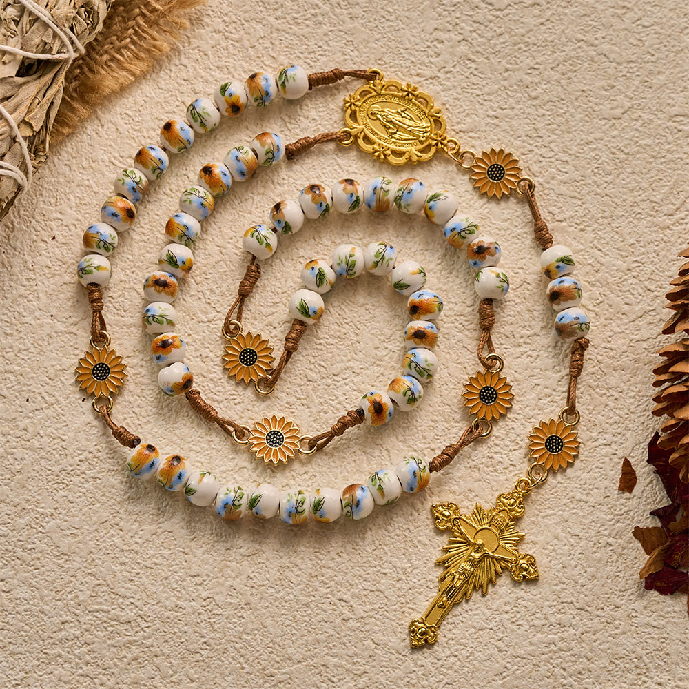 SolaceBeads Sunflower Ceramic Rosary With Miraculous Medal &amp; Crucifix: Fall Floral Grace For Autumn - image 8