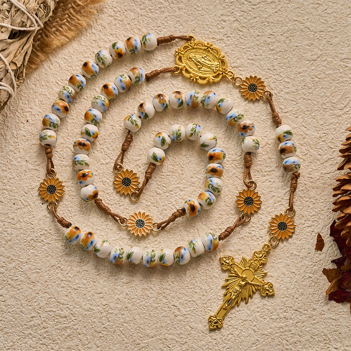SolaceBeads Sunflower Ceramic Rosary With Miraculous Medal &amp; Crucifix: Fall Floral Grace For Autumn - image 8