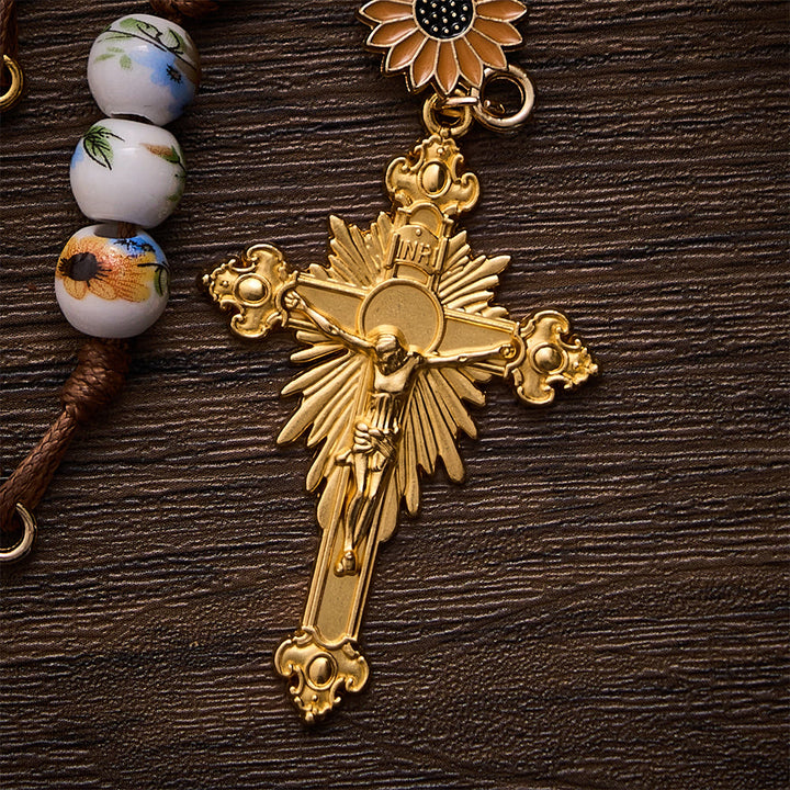 SolaceBeads Sunflower Ceramic Rosary With Miraculous Medal &amp; Crucifix: Fall Floral Grace For Autumn - image 4
