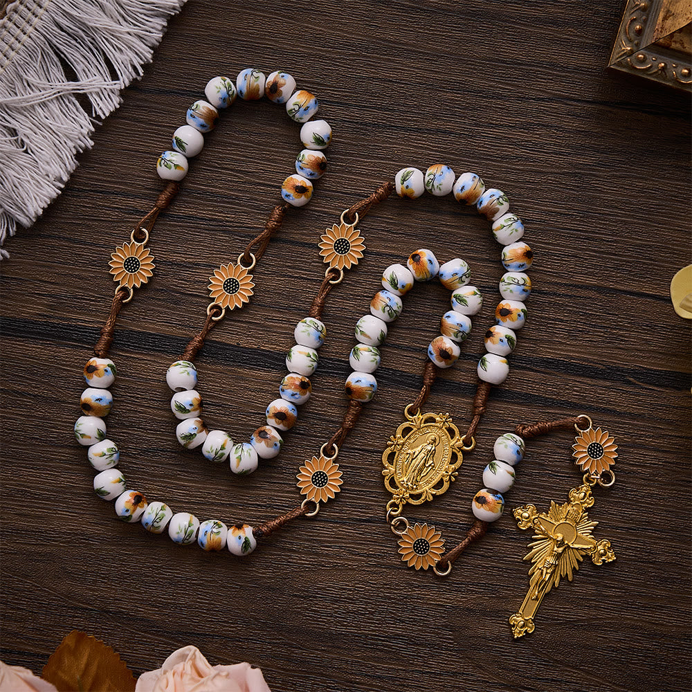 SolaceBeads Sunflower Ceramic Rosary With Miraculous Medal & Crucifix: Fall Floral Grace For Autumn - Sunflower - image 0