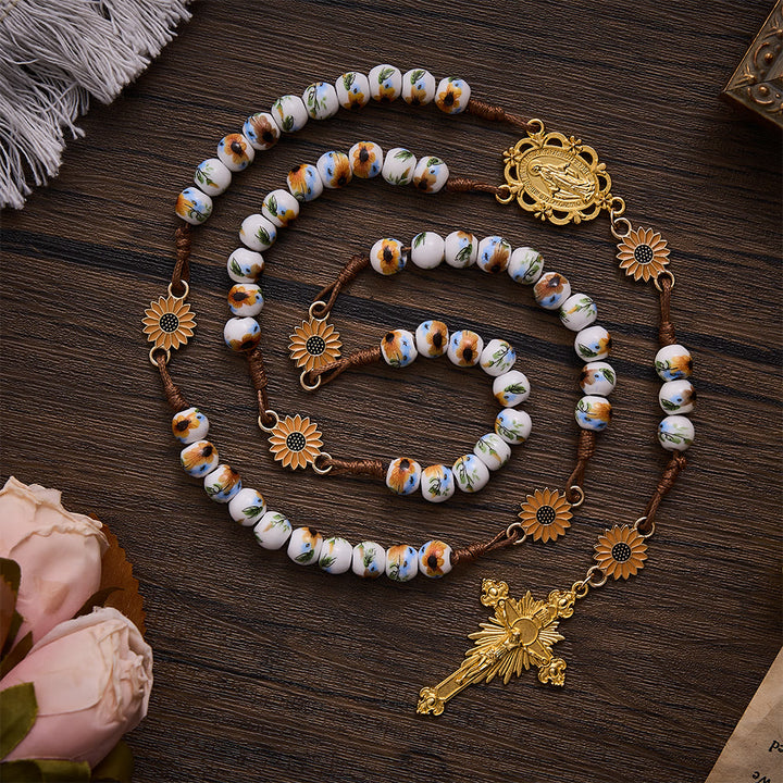 SolaceBeads Sunflower Ceramic Rosary With Miraculous Medal &amp; Crucifix: Fall Floral Grace For Autumn - Sunflower - image 0