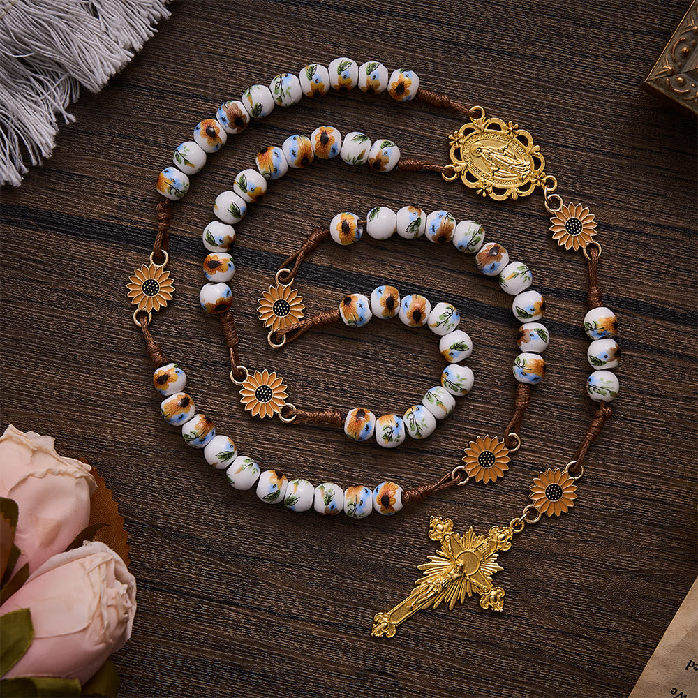SolaceBeads Sunflower Ceramic Rosary With Miraculous Medal &amp; Crucifix: Fall Floral Grace For Autumn - image 8