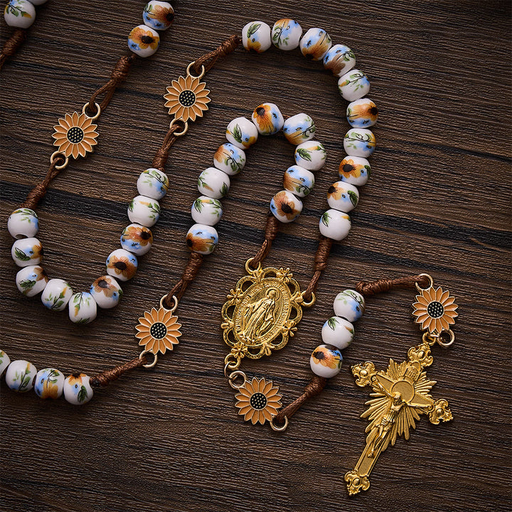 SolaceBeads Sunflower Ceramic Rosary With Miraculous Medal &amp; Crucifix: Fall Floral Grace For Autumn - image 5