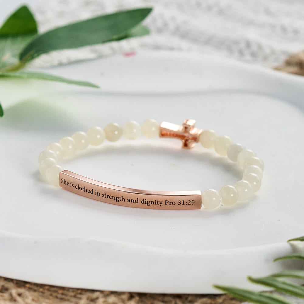 SolaceBeads White Moonstone Bracelet With Rose Gold Cross: She Is Clothed In Strength And Dignity - Moonstone - image 0