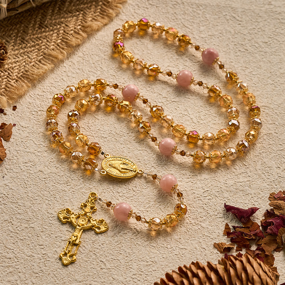 SolaceBeads Crystal Rosary: Amber Crystal &amp; Pink Jade, Grace of Harvest Thanksgiving - image 7