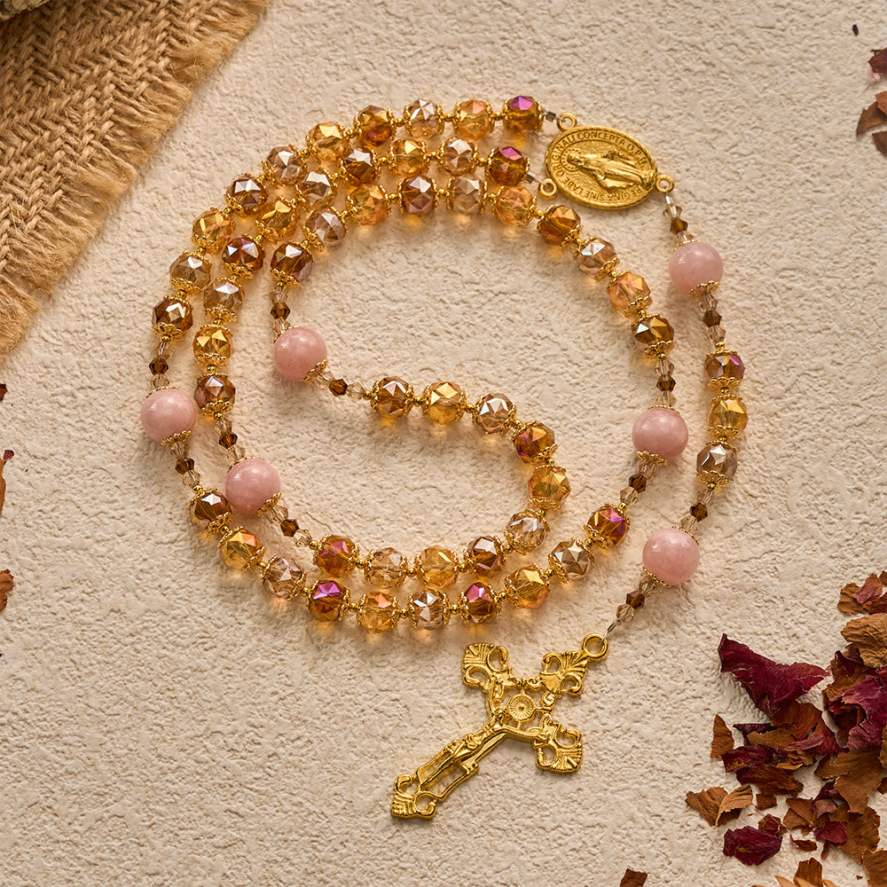 SolaceBeads Crystal Rosary: Amber Crystal &amp; Pink Jade, Grace of Harvest Thanksgiving - Amber - image 0