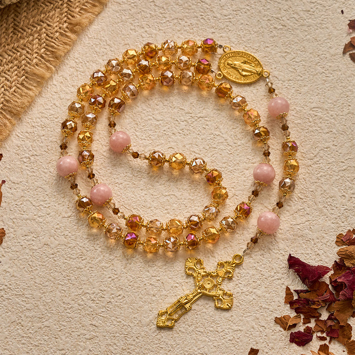 SolaceBeads Crystal Rosary: Amber Crystal &amp; Pink Jade, Grace of Harvest Thanksgiving - Amber - image 0