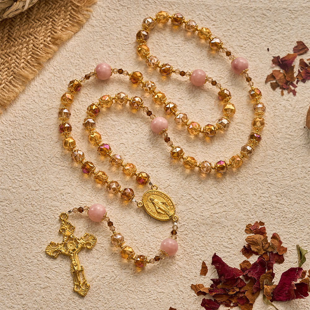 SolaceBeads Crystal Rosary: Amber Crystal &amp; Pink Jade, Grace of Harvest Thanksgiving - image 8