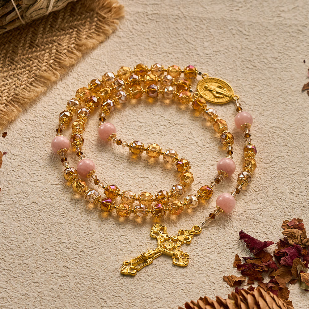 SolaceBeads Crystal Rosary: Amber Crystal &amp; Pink Jade, Grace of Harvest Thanksgiving - image 2