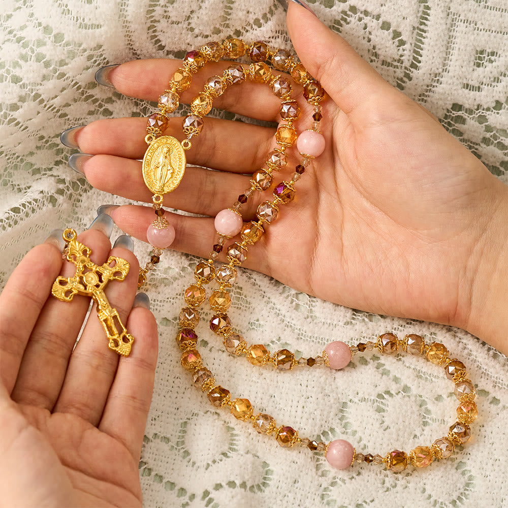SolaceBeads Crystal Rosary: Amber Crystal &amp; Pink Jade, Grace of Harvest Thanksgiving - image 1