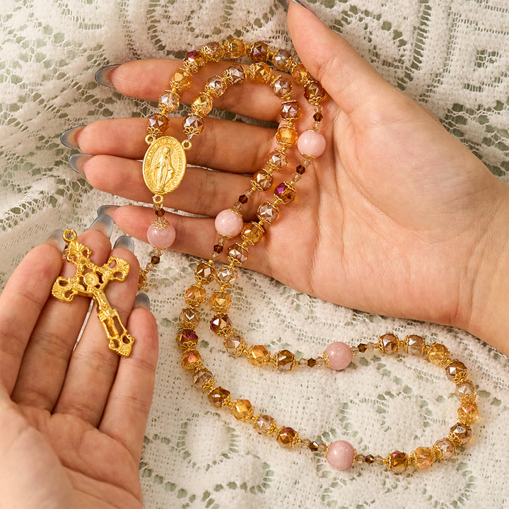 SolaceBeads Crystal Rosary: Amber Crystal &amp; Pink Jade, Grace of Harvest Thanksgiving - image 1