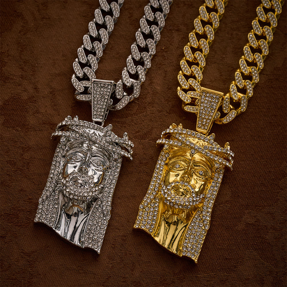 SolaceBeads Gold &amp; Silver Iced Out Holy Face Of Jesus Necklace: Christ&