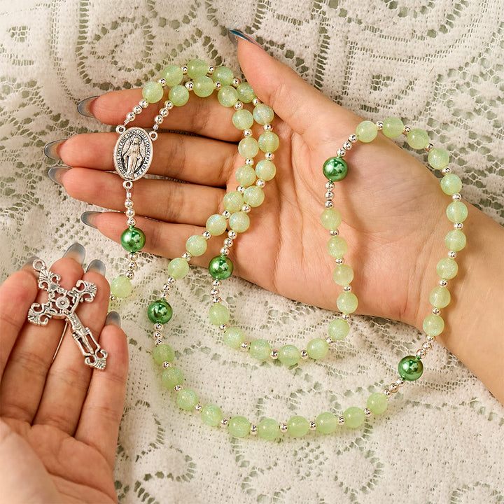 SolaceBeads Pale Green Beads &amp; Emerald Pearls Artistic Rosary: Faith Within Thankful Prayers - image 1