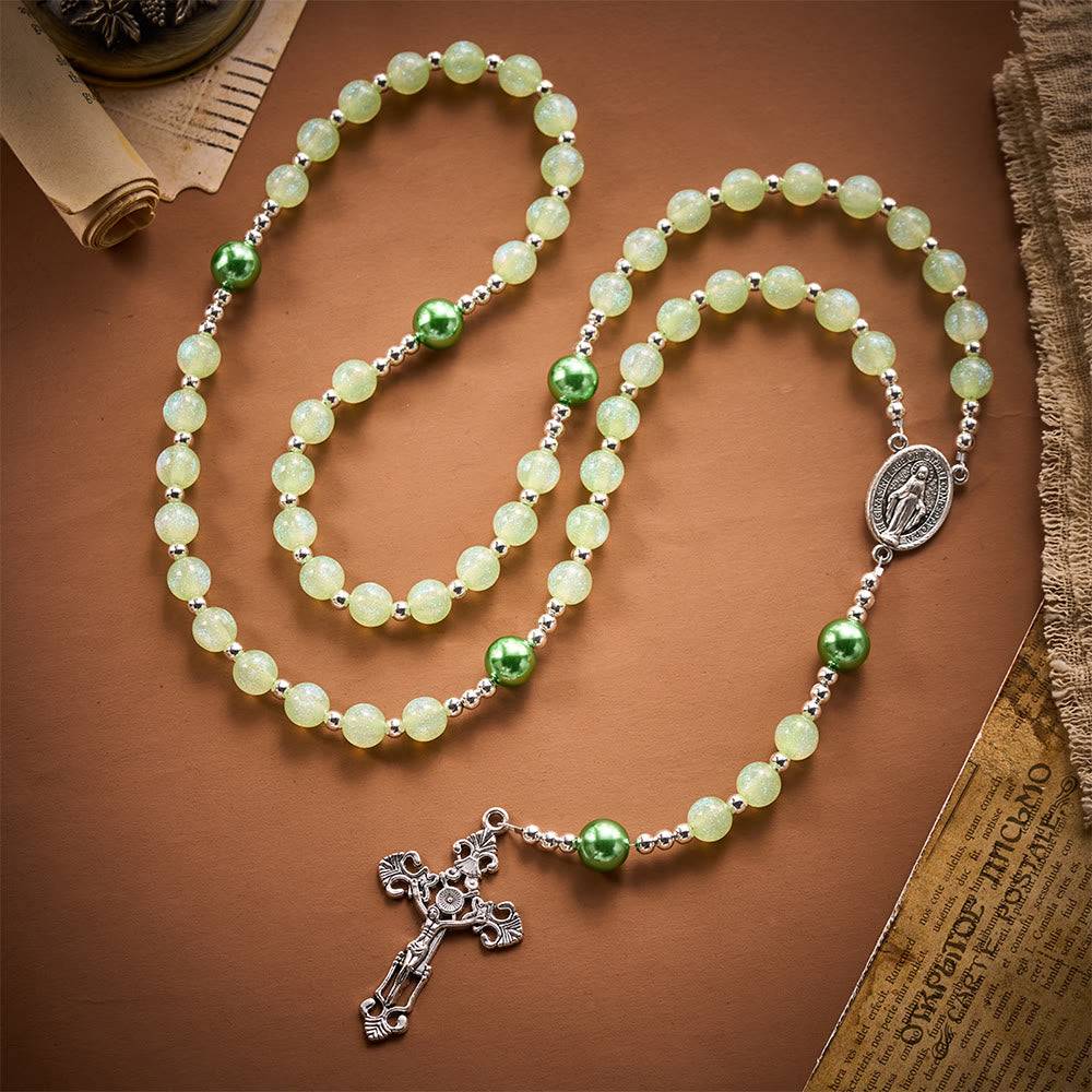 SolaceBeads Pale Green Beads &amp; Emerald Pearls Artistic Rosary: Faith Within Thankful Prayers - image 2